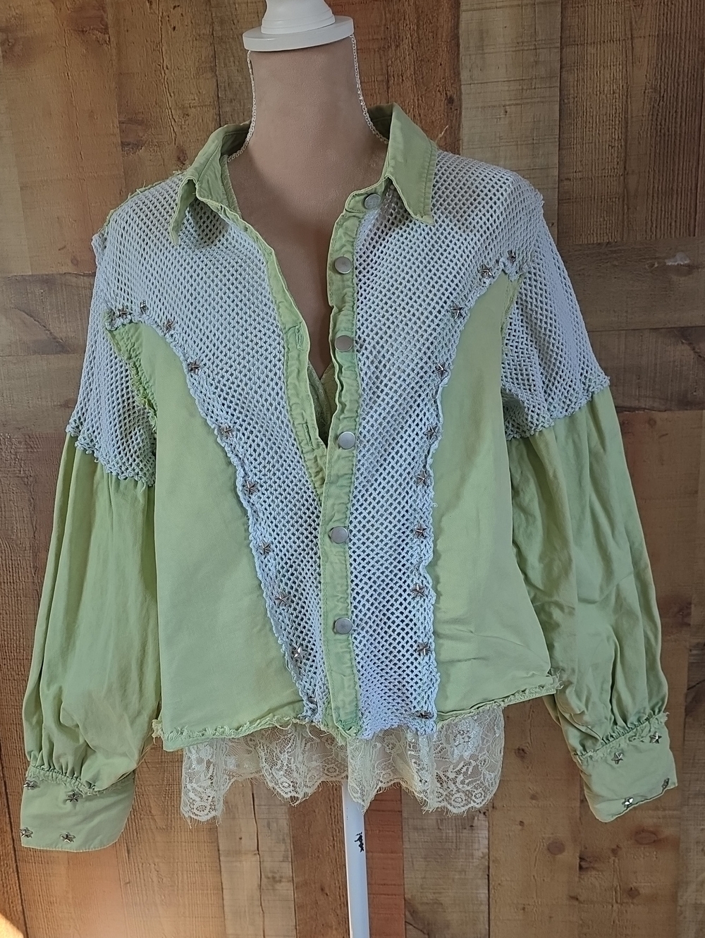 POL Light Green and White Mesh Trim Button Down Shirt